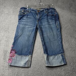 Old Navy Pants Women Size 12 Blue Jean Floral Embroidered Capris